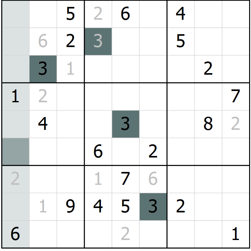 Position des candidats pour la solution de la Gr 9 page 12 du magazine de sudoku Virtuose n° 110
