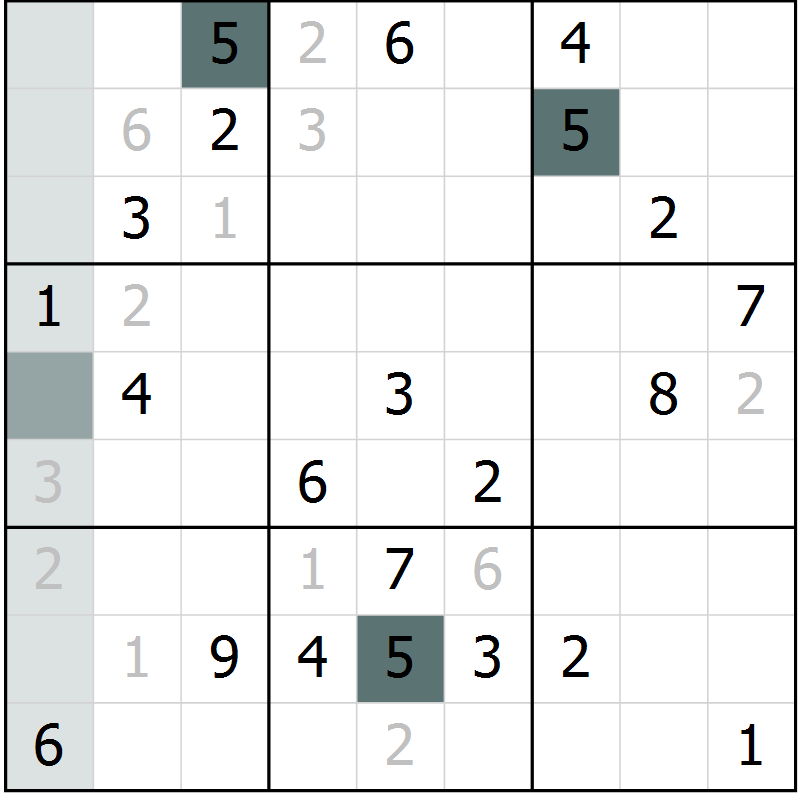Position des candidats pour la solution de la Gr 9 page 12 du magazine de sudoku Virtuose n° 110