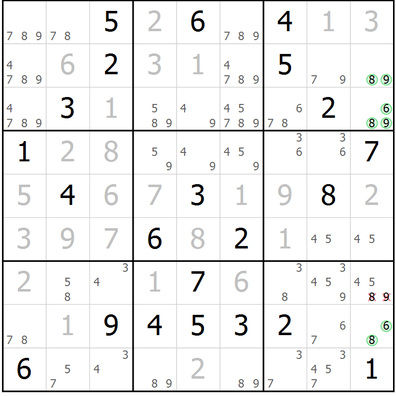 Position des candidats pour la solution de la Gr 9 page 12 du magazine de sudoku Virtuose n° 110