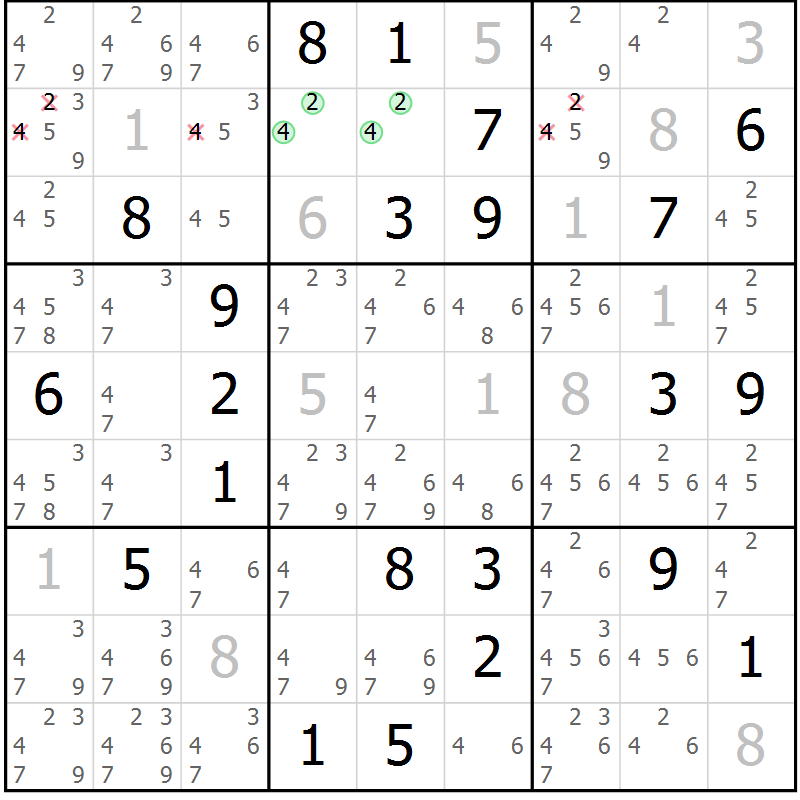 Position des candidats pour la solution de la Gr 1 page 4 du magazine de sudoku Virtuose n° 111