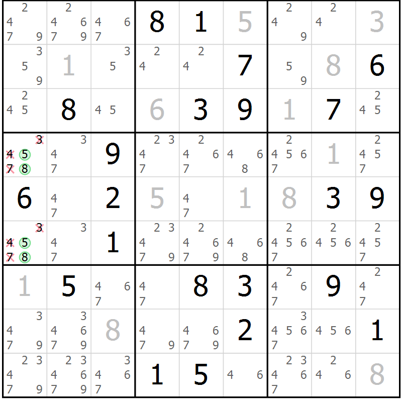 Position des candidats pour la solution de la Gr 1 page 4 du magazine de sudoku Virtuose n° 111