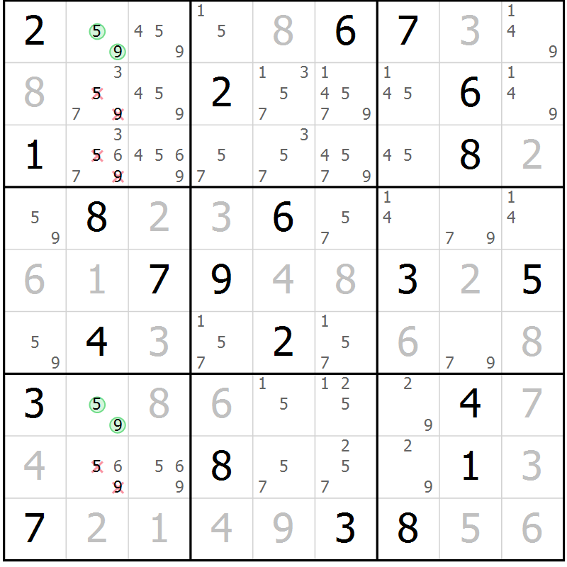 Position des candidats pour la solution de la Gr 10 page 13 du magazine de sudoku Virtuose n° 111