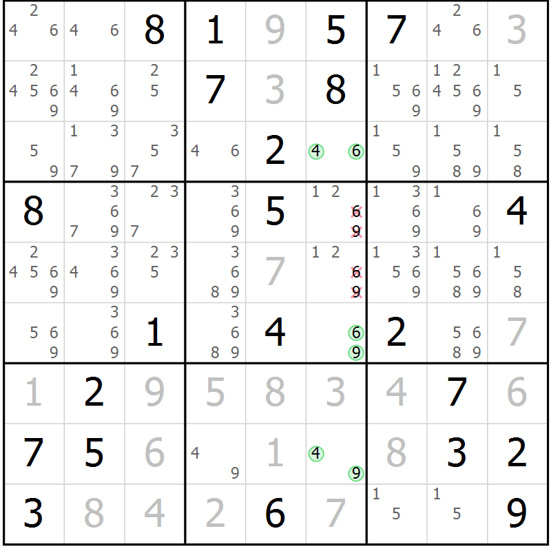 Position des candidats pour la solution de la Gr 11 page 14 du magazine de sudoku Virtuose n° 111