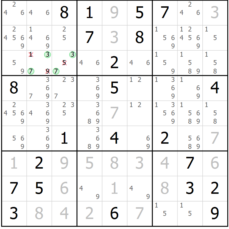 Position des candidats pour la solution de la Gr 11 page 14 du magazine de sudoku Virtuose n° 111