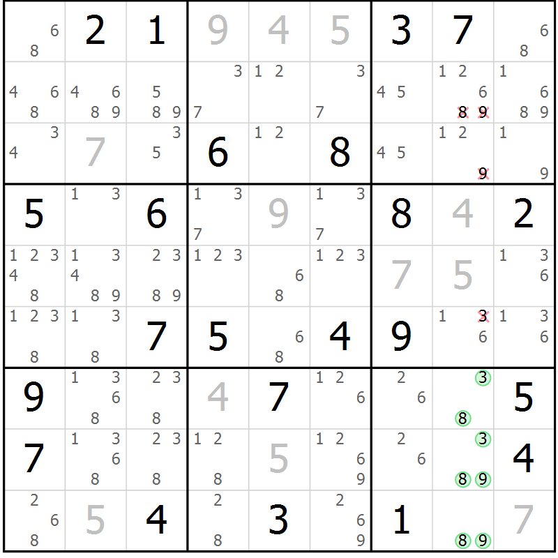 Position des candidats pour la solution de la Gr 12 page 15 du magazine de sudoku Virtuose n° 111