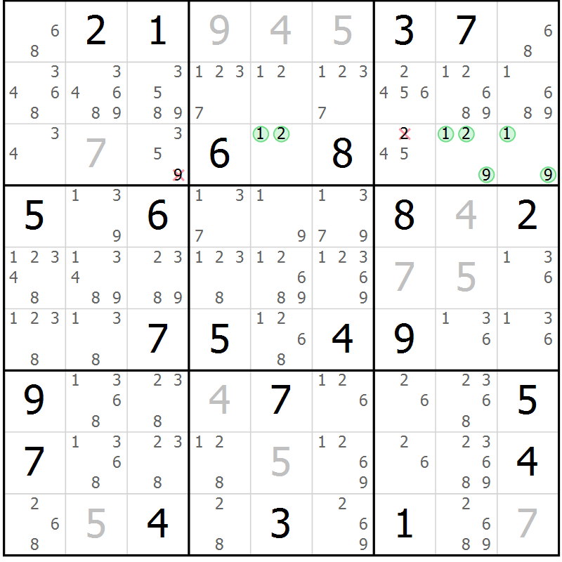 Position des candidats pour la solution de la Gr 12 page 15 du magazine de sudoku Virtuose n° 111