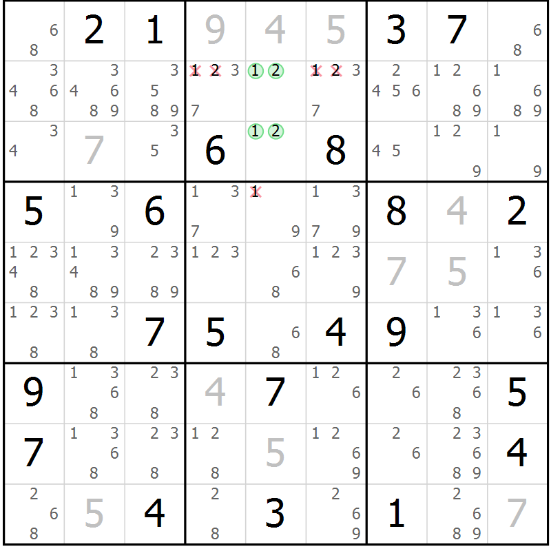 Position des candidats pour la solution de la Gr 12 page 15 du magazine de sudoku Virtuose n° 111