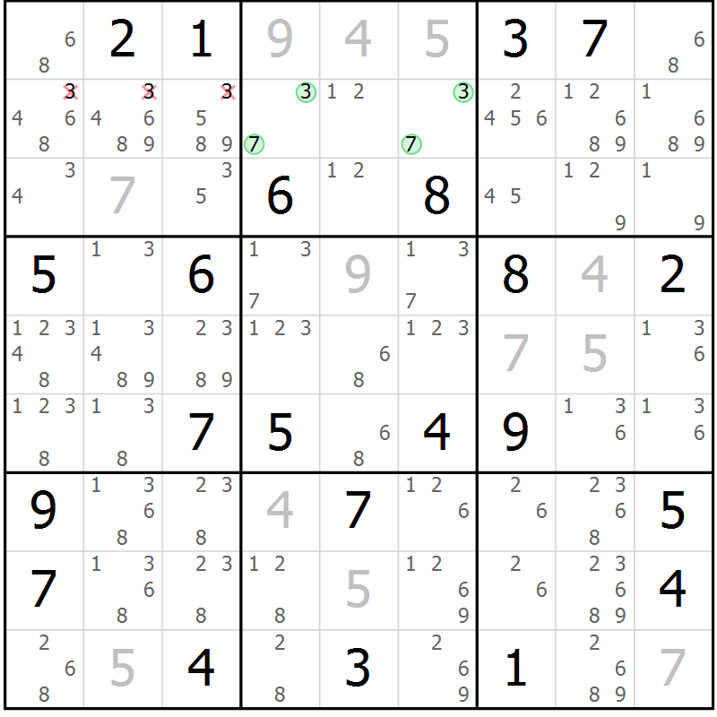Position des candidats pour la solution de la Gr 12 page 15 du magazine de sudoku Virtuose n° 111