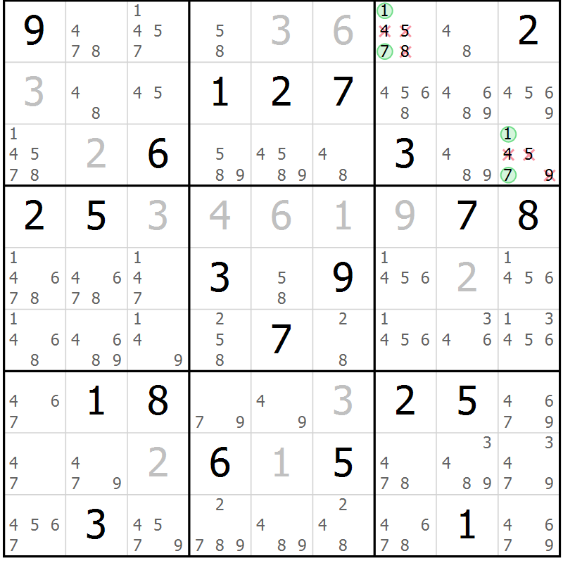 Position des candidats pour la solution de la Gr 13 page 16 du magazine de sudoku Virtuose n° 111