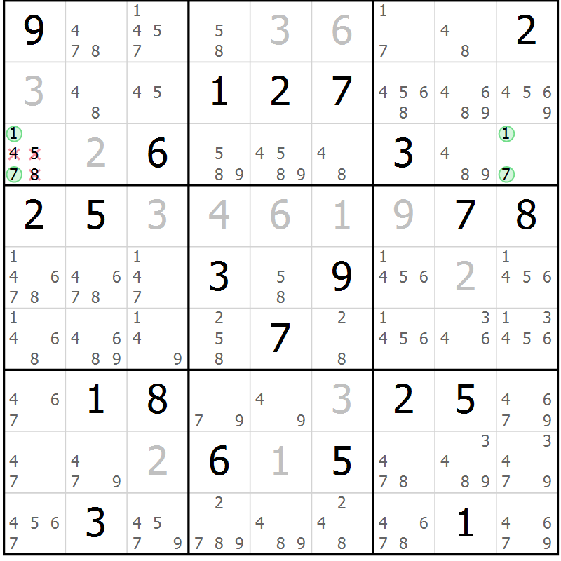 Position des candidats pour la solution de la Gr 13 page 16 du magazine de sudoku Virtuose n° 111