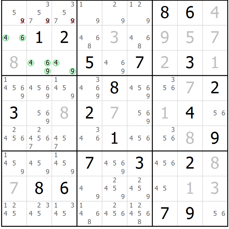 Position des candidats pour la solution de la Gr 15 page 18 du magazine de sudoku Virtuose n° 111