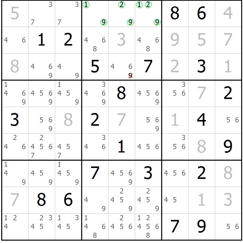 Position des candidats pour la solution de la Gr 15 page 18 du magazine de sudoku Virtuose n° 111