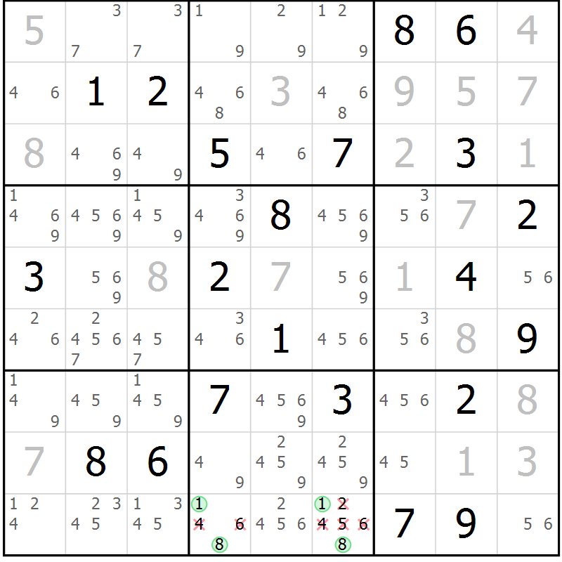 Position des candidats pour la solution de la Gr 15 page 18 du magazine de sudoku Virtuose n° 111