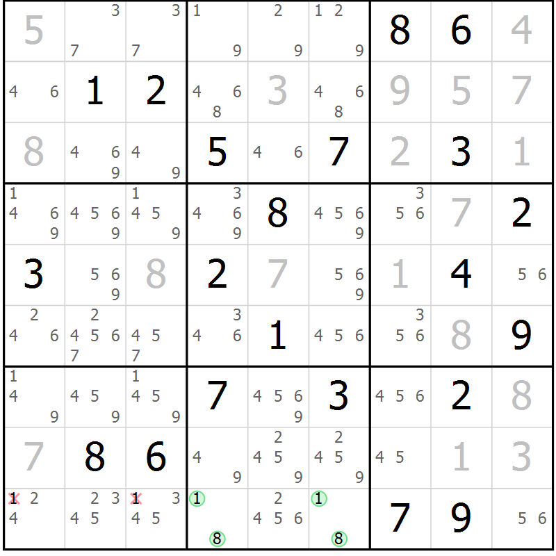 Position des candidats pour la solution de la Gr 15 page 18 du magazine de sudoku Virtuose n° 111