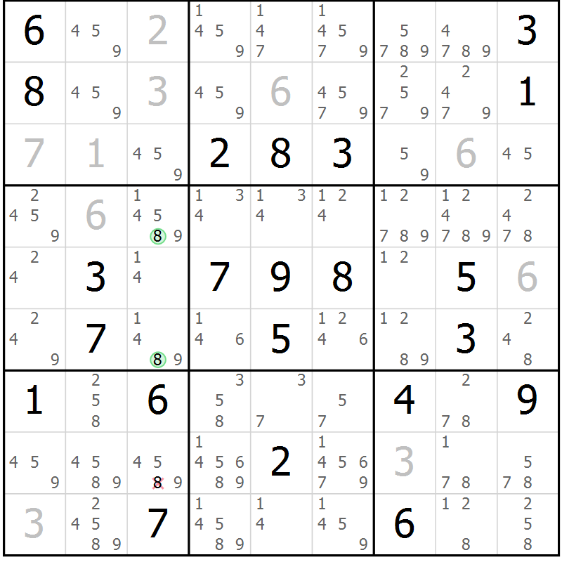 Position des candidats pour la solution de la Gr 17 page 20 du magazine de sudoku Virtuose n° 111