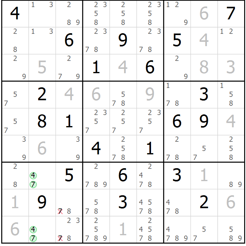 Position des candidats pour la solution de la Gr 18 page 21 du magazine de sudoku Virtuose n° 111