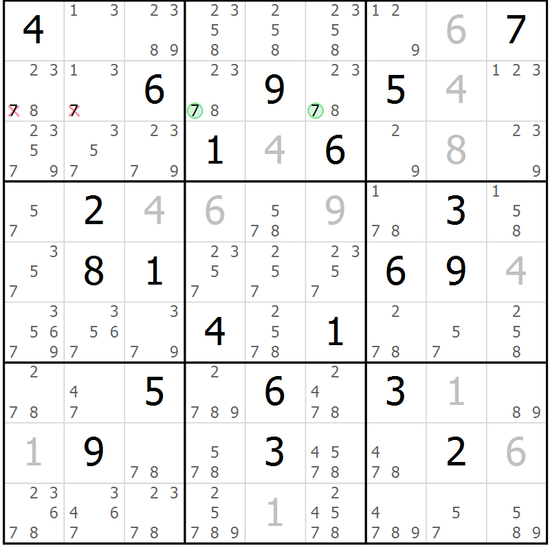 Position des candidats pour la solution de la Gr 18 page 21 du magazine de sudoku Virtuose n° 111
