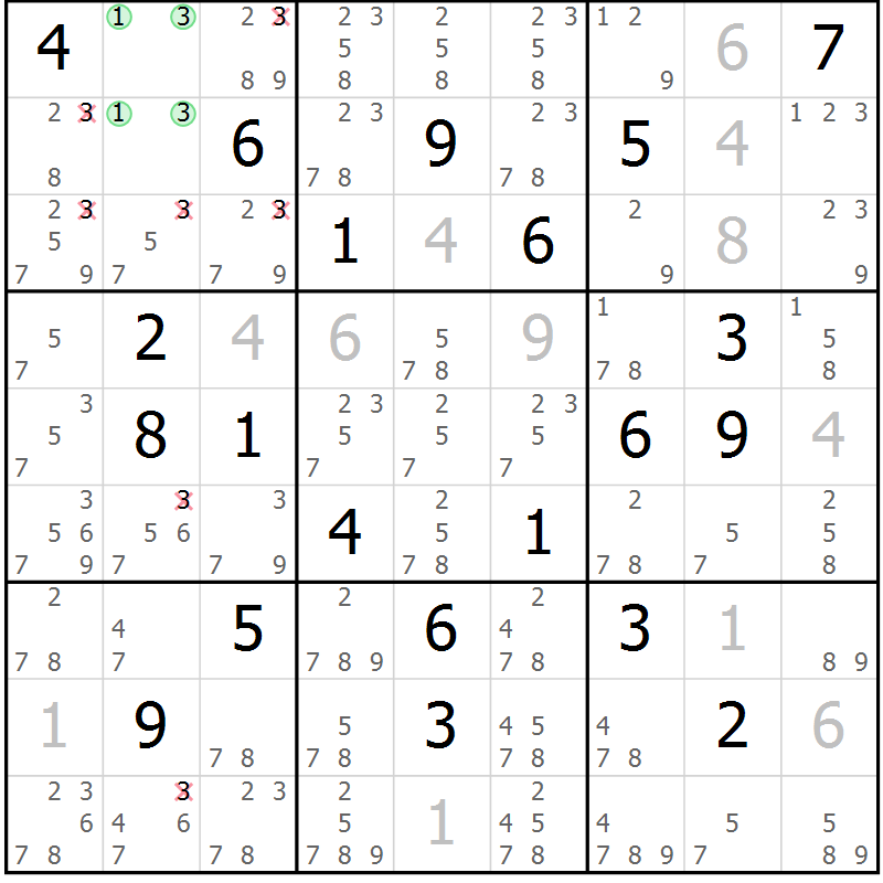 Position des candidats pour la solution de la Gr 18 page 21 du magazine de sudoku Virtuose n° 111