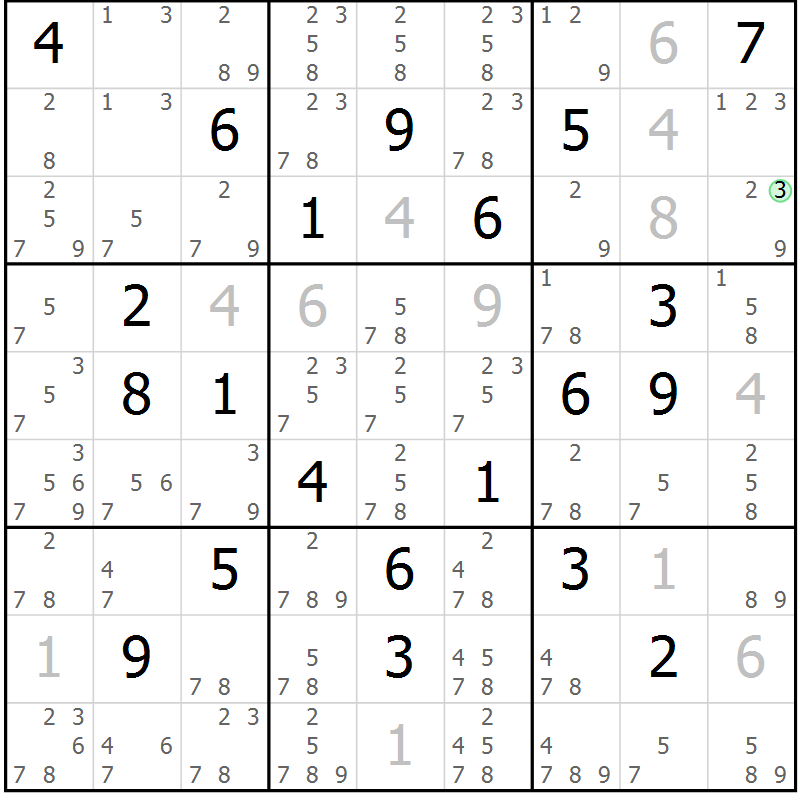 Position des candidats pour la solution de la Gr 18 page 21 du magazine de sudoku Virtuose n° 111