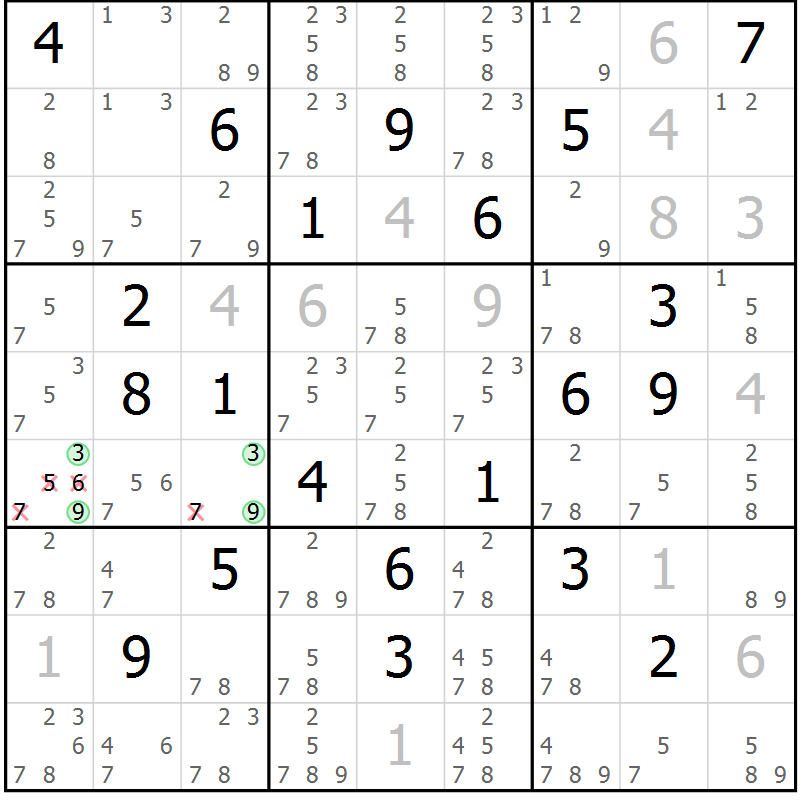 Position des candidats pour la solution de la Gr 18 page 21 du magazine de sudoku Virtuose n° 111