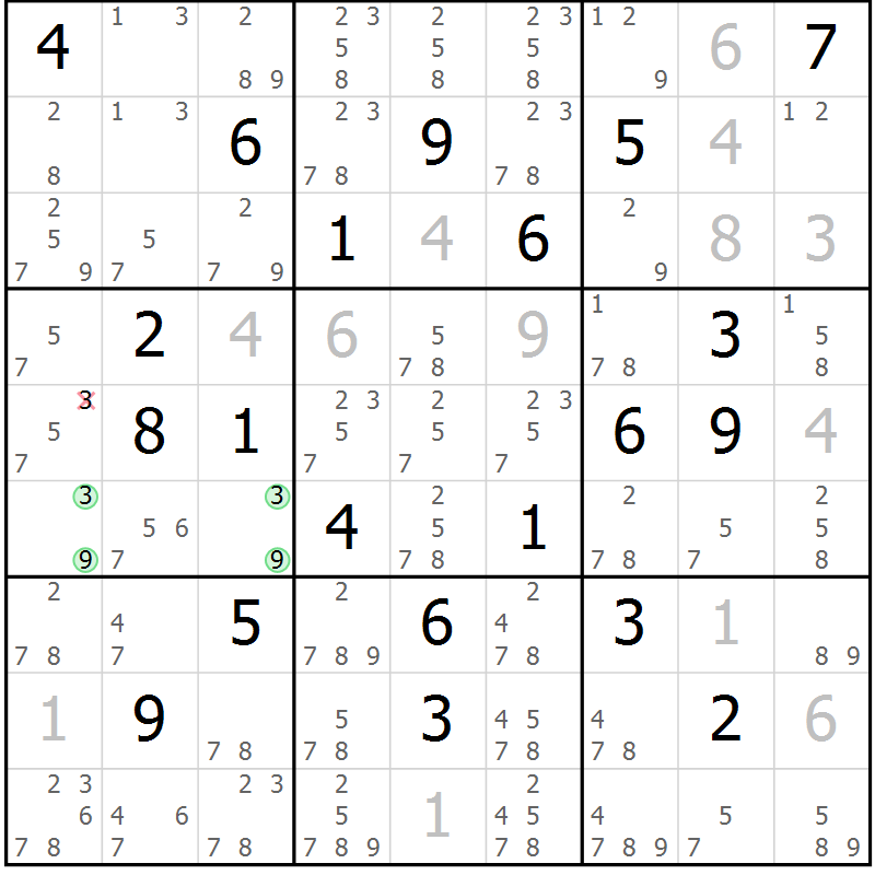 Position des candidats pour la solution de la Gr 18 page 21 du magazine de sudoku Virtuose n° 111
