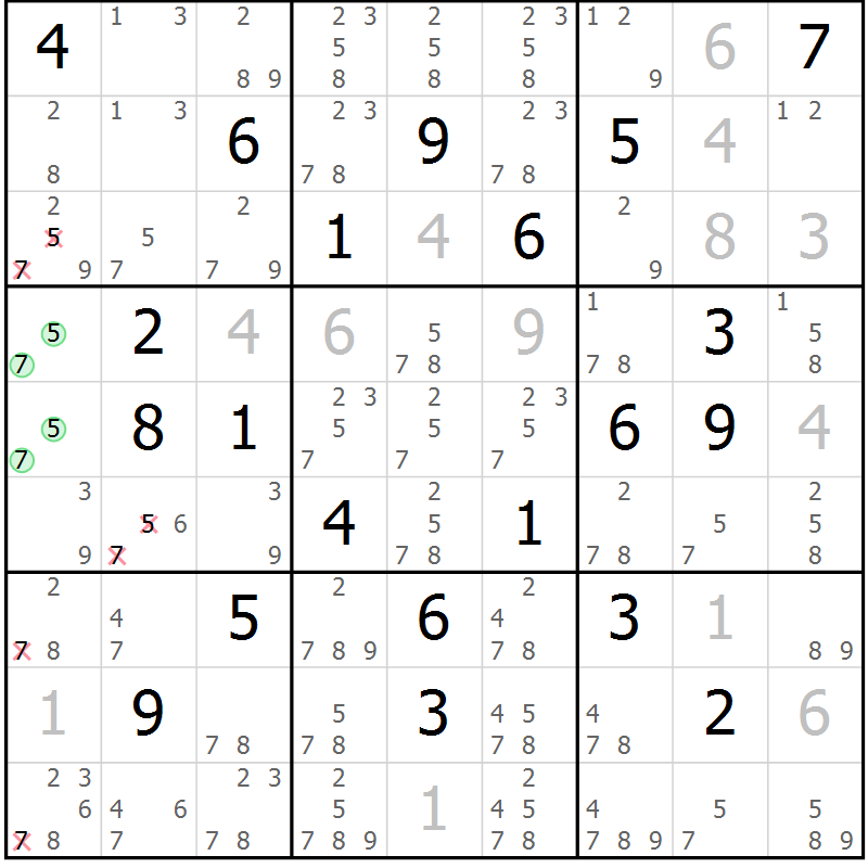 Position des candidats pour la solution de la Gr 18 page 21 du magazine de sudoku Virtuose n° 111