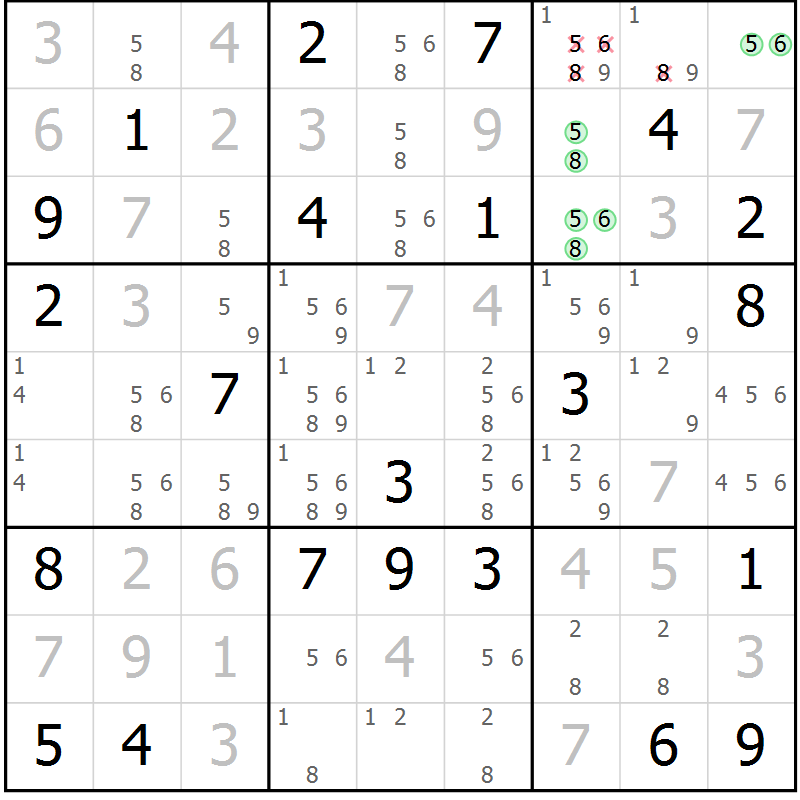 Position des candidats pour la solution de la Gr 2 page 5 du magazine de sudoku Virtuose n° 111