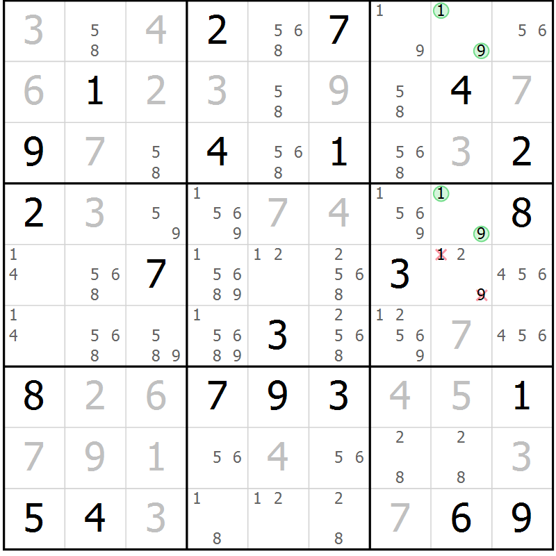 Position des candidats pour la solution de la Gr 2 page 5 du magazine de sudoku Virtuose n° 111