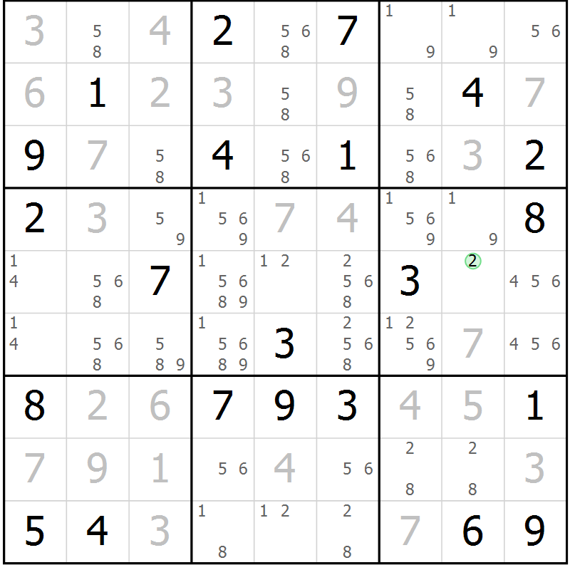 Position des candidats pour la solution de la Gr 2 page 5 du magazine de sudoku Virtuose n° 111
