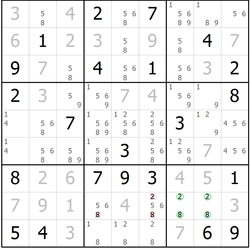 Position des candidats pour la solution de la Gr 2 page 5 du magazine de sudoku Virtuose n° 111