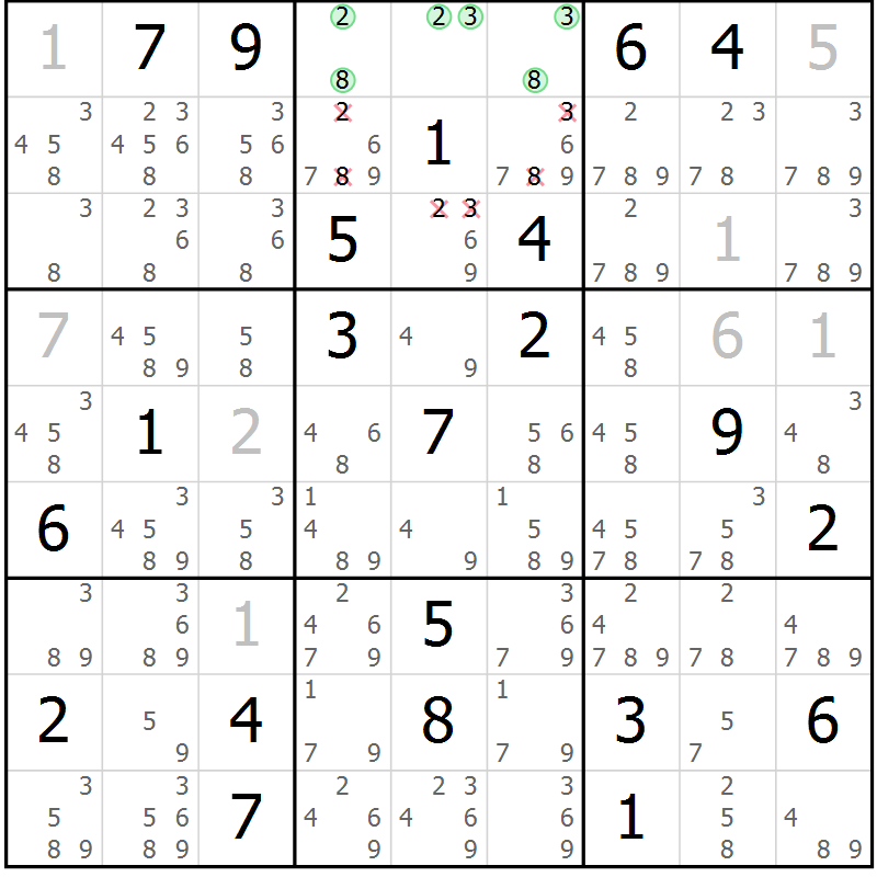 Position des candidats pour la solution de la Gr 20 page 23 du magazine de sudoku Virtuose n° 111