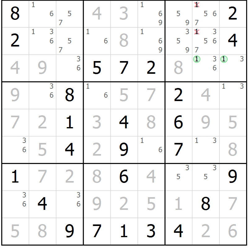 Position des candidats pour la solution de la Gr 23 page 26 du magazine de sudoku Virtuose n° 111