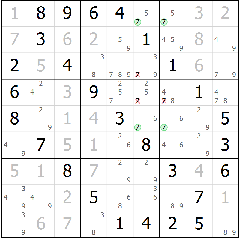 Position des candidats pour la solution de la Gr 24 page 27 du magazine de sudoku Virtuose n° 111