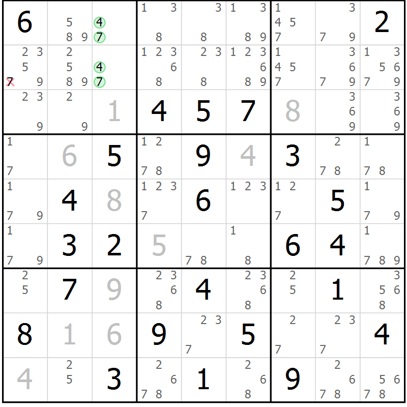 Position des candidats pour la solution de la Gr 27 page 30 du magazine de sudoku Virtuose n° 111