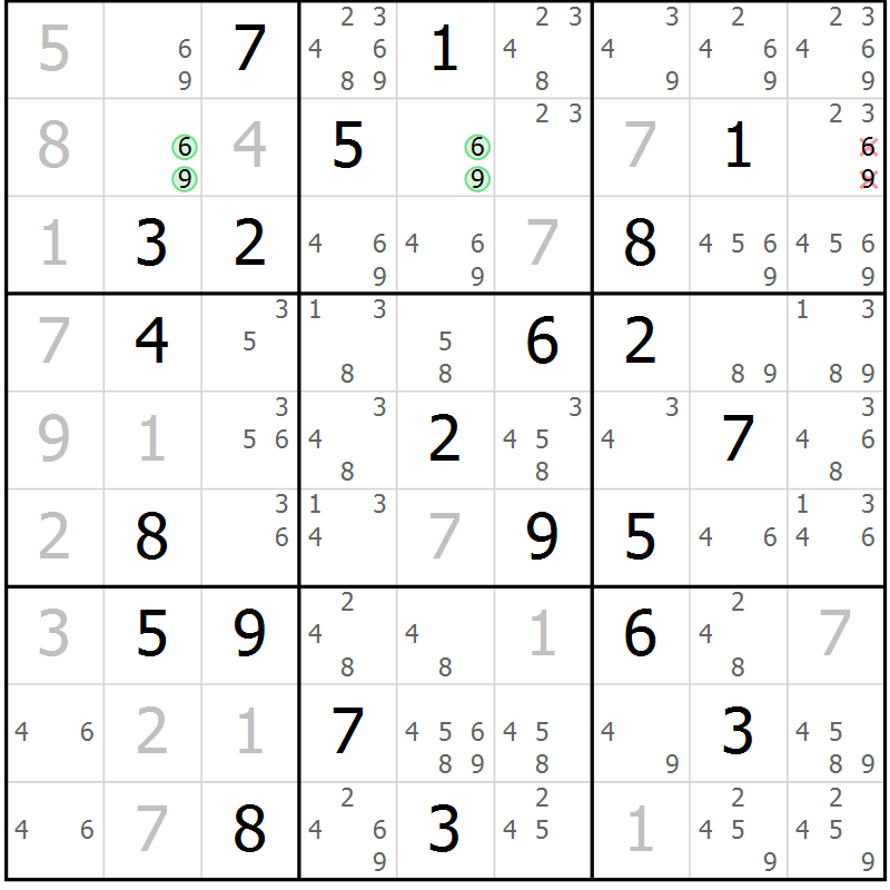 Position des candidats pour la solution de la Gr 3 page 6 du magazine de sudoku Virtuose n° 111