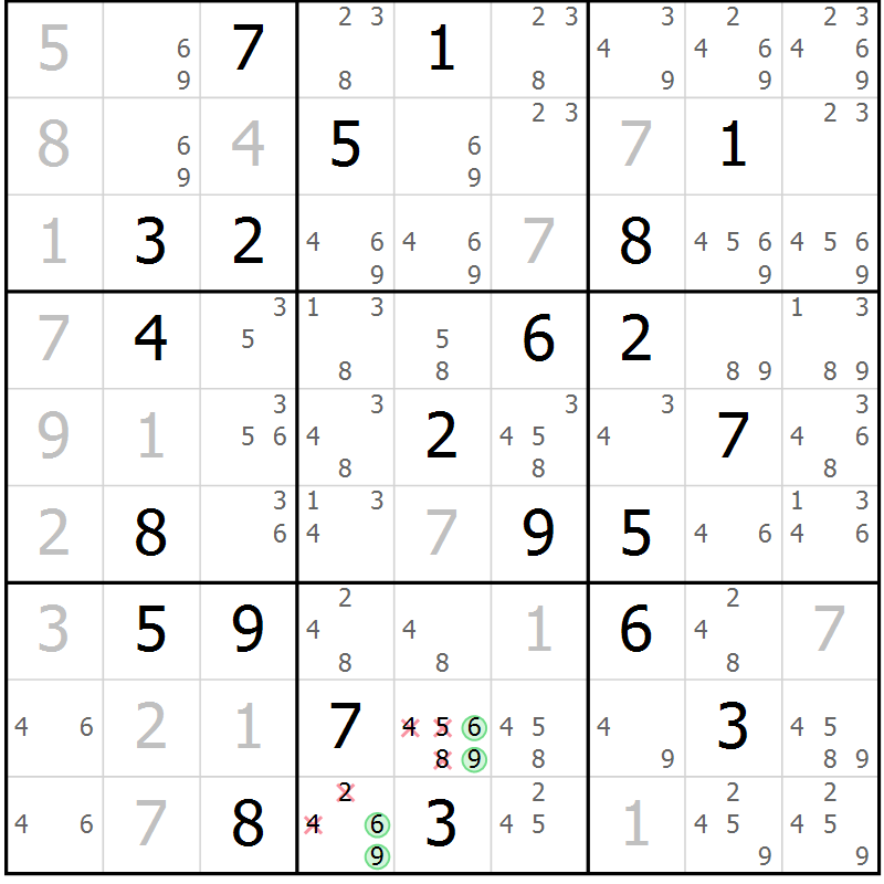 Position des candidats pour la solution de la Gr 3 page 6 du magazine de sudoku Virtuose n° 111