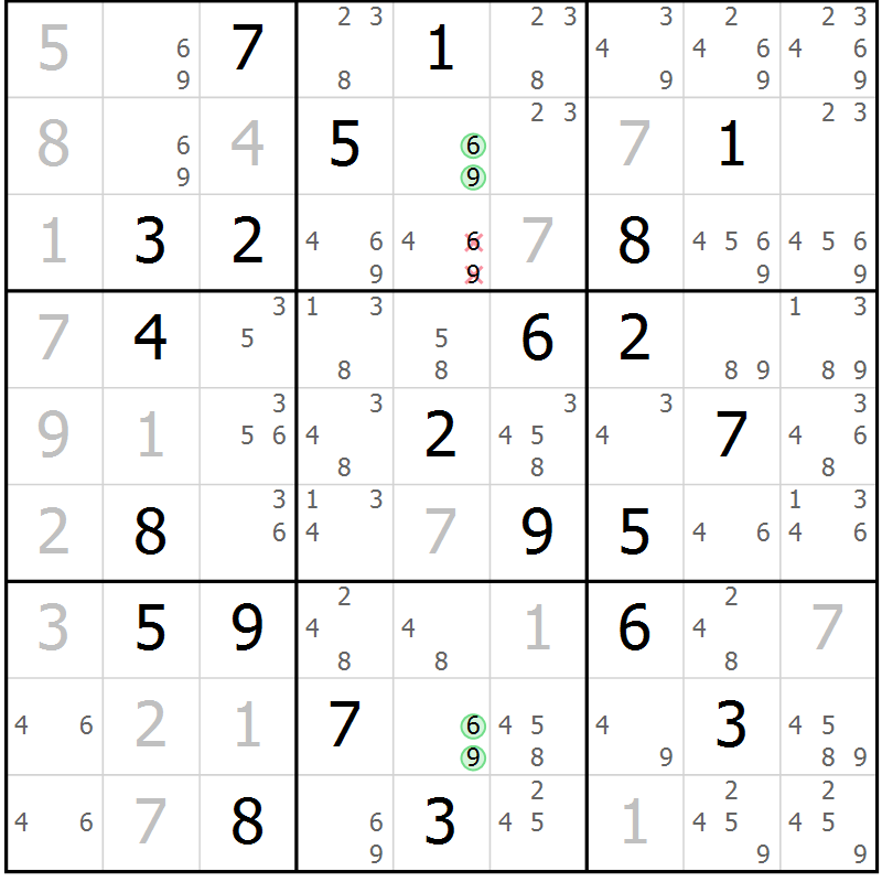 Position des candidats pour la solution de la Gr 3 page 6 du magazine de sudoku Virtuose n° 111