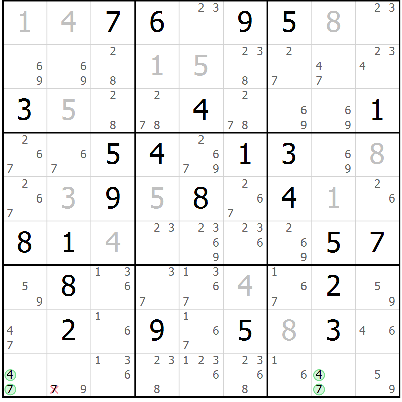 Position des candidats pour la solution de la Gr 30 page 33 du magazine de sudoku Virtuose n° 111