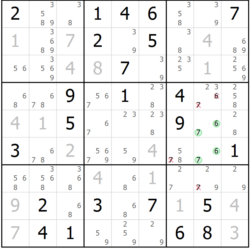 Position des candidats pour la solution de la Gr 33 page 36 du magazine de sudoku Virtuose n° 111
