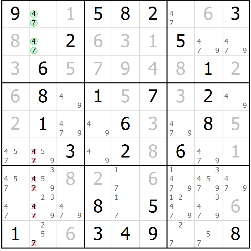 Position des candidats pour la solution de la Gr 36 page 39 du magazine de sudoku Virtuose n° 111