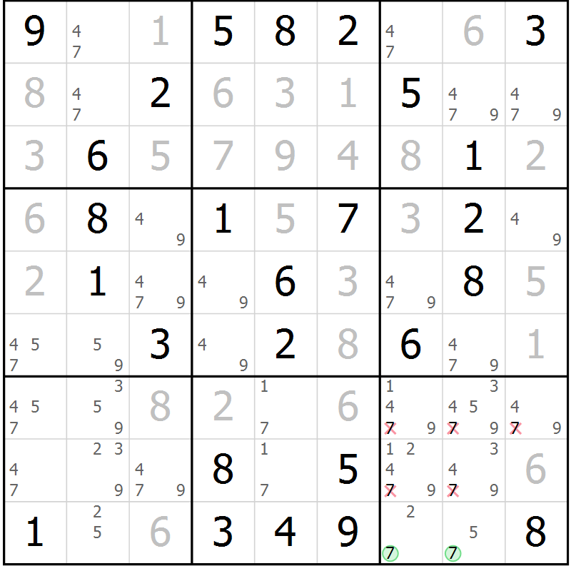 Position des candidats pour la solution de la Gr 36 page 39 du magazine de sudoku Virtuose n° 111