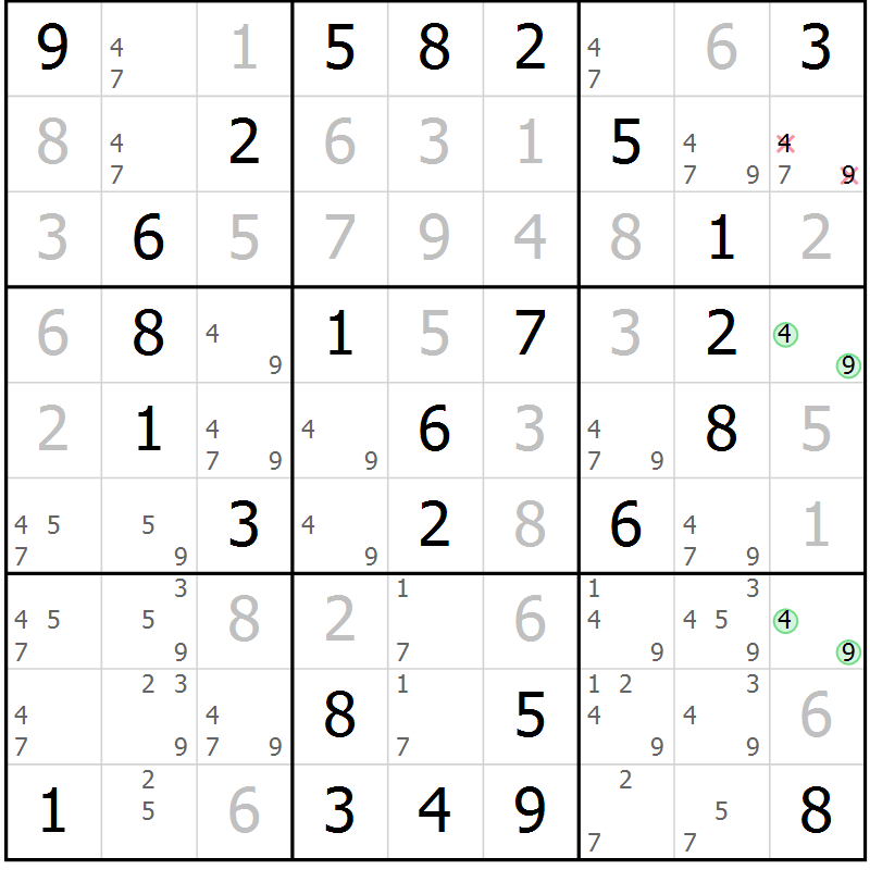 Position des candidats pour la solution de la Gr 36 page 39 du magazine de sudoku Virtuose n° 111