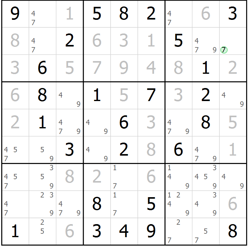 Position des candidats pour la solution de la Gr 36 page 39 du magazine de sudoku Virtuose n° 111