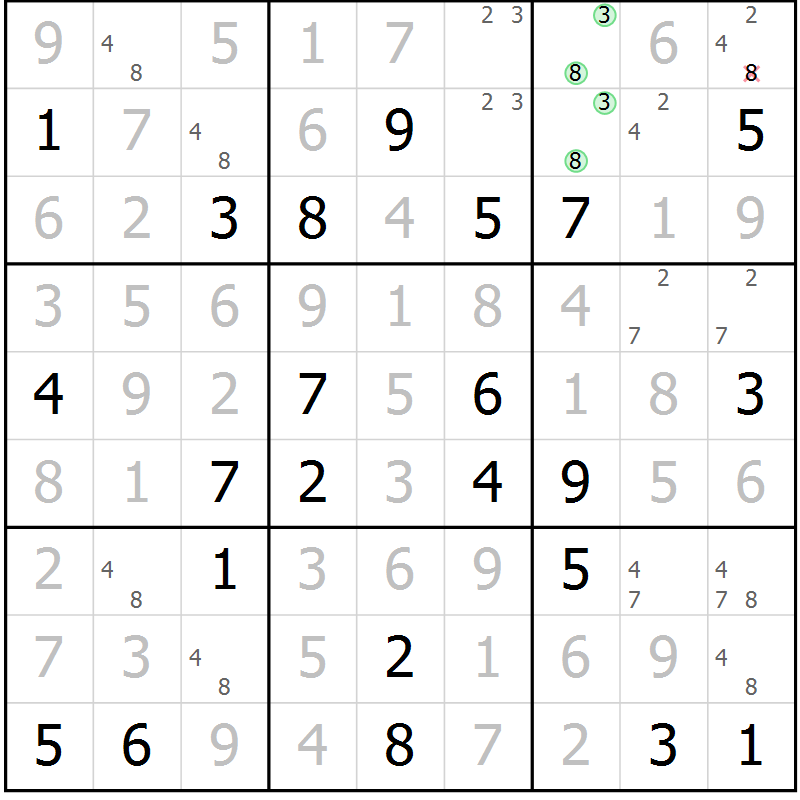Position des candidats pour la solution de la Gr 38 page 41 du magazine de sudoku Virtuose n° 111