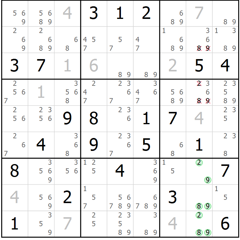 Position des candidats pour la solution de la Gr 4 page 7 du magazine de sudoku Virtuose n° 111