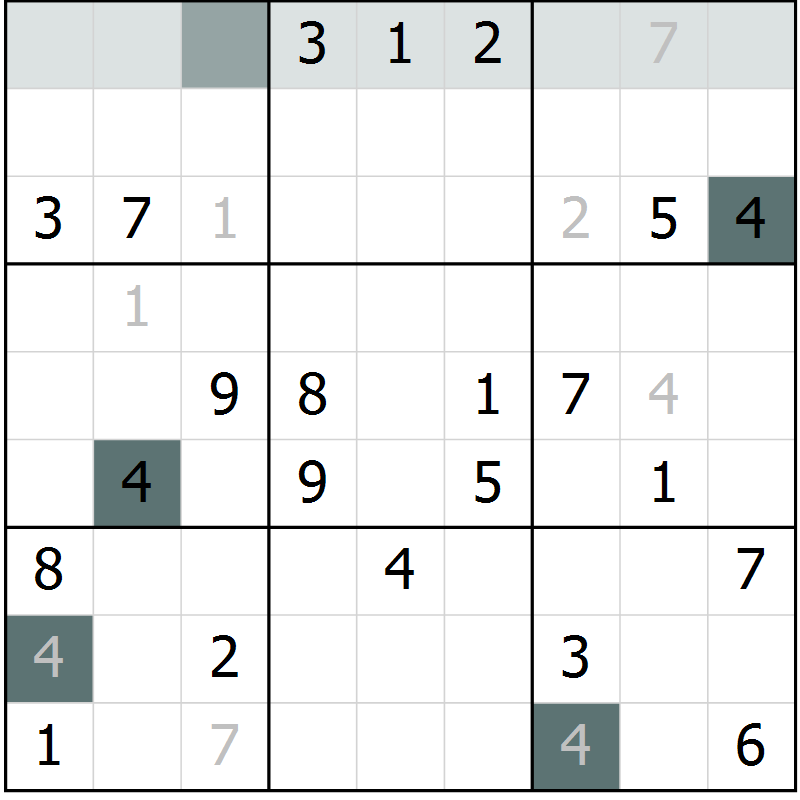 Position des candidats pour la solution de la Gr 4 page 7 du magazine de sudoku Virtuose n° 111