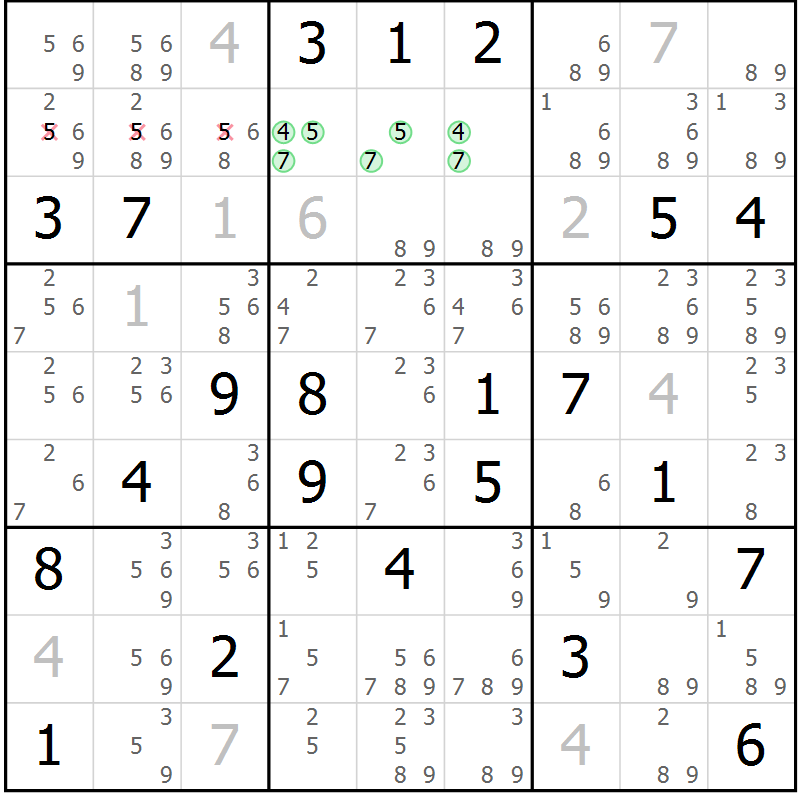 Position des candidats pour la solution de la Gr 4 page 7 du magazine de sudoku Virtuose n° 111