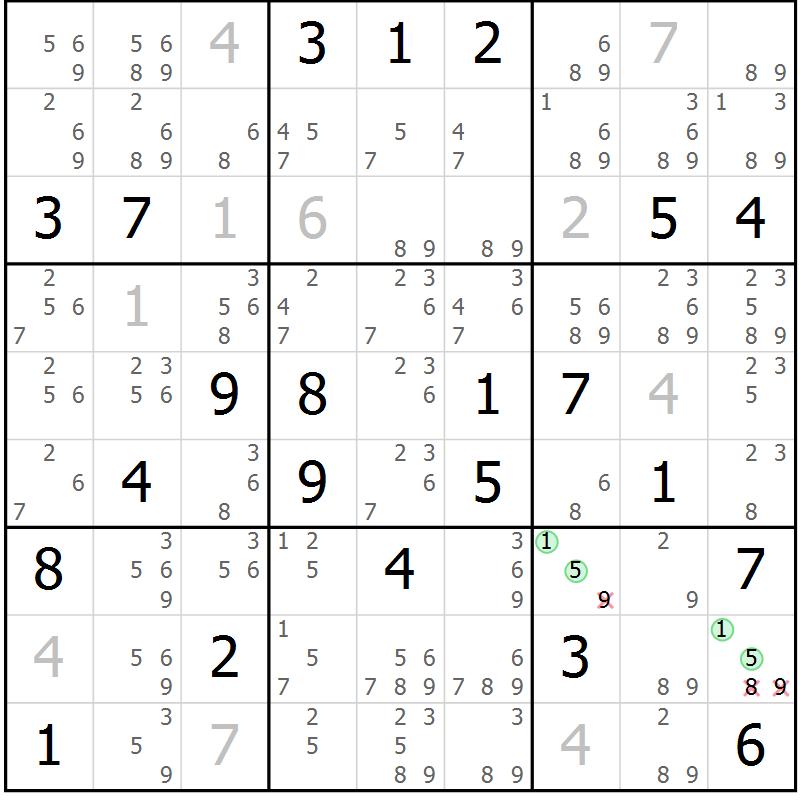 Position des candidats pour la solution de la Gr 4 page 7 du magazine de sudoku Virtuose n° 111