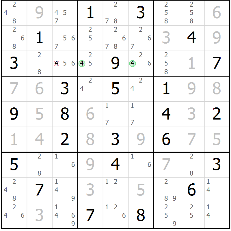Position des candidats pour la solution de la Gr 40 page 43 du magazine de sudoku Virtuose n° 111