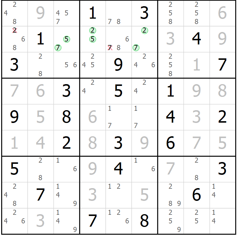 Position des candidats pour la solution de la Gr 40 page 43 du magazine de sudoku Virtuose n° 111